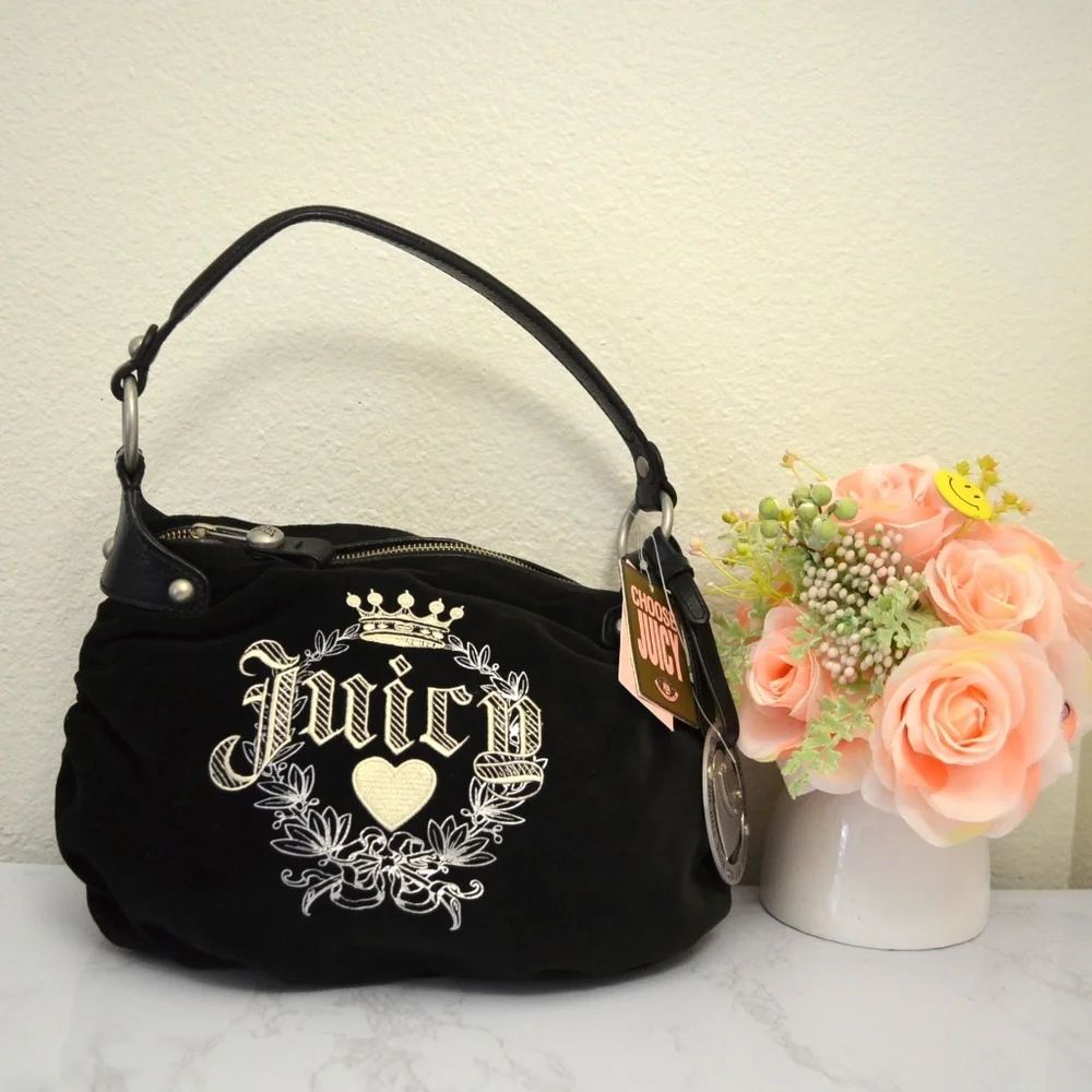 Juicy Couture Black Shoulder Bag with Cream Embroidery